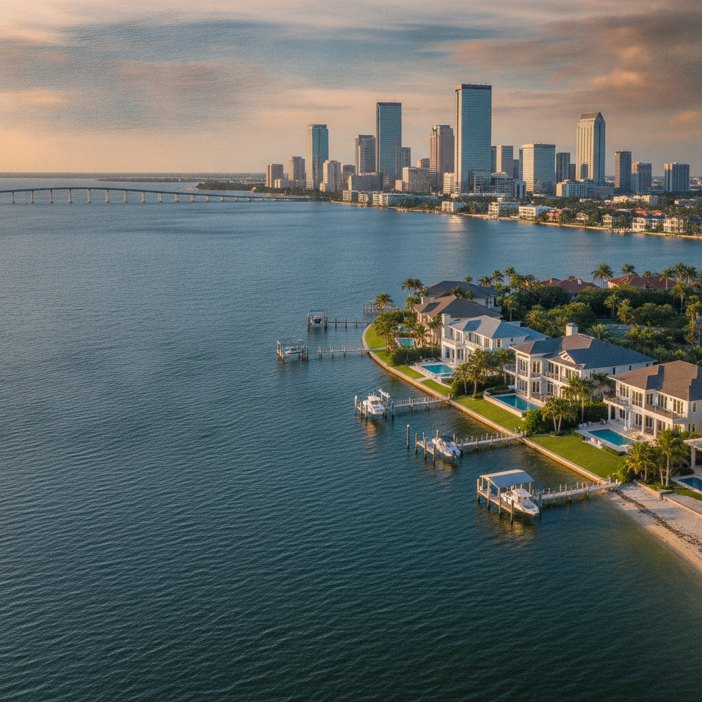 Tampa Bay skyline and waterfront homes representing the local real estate market