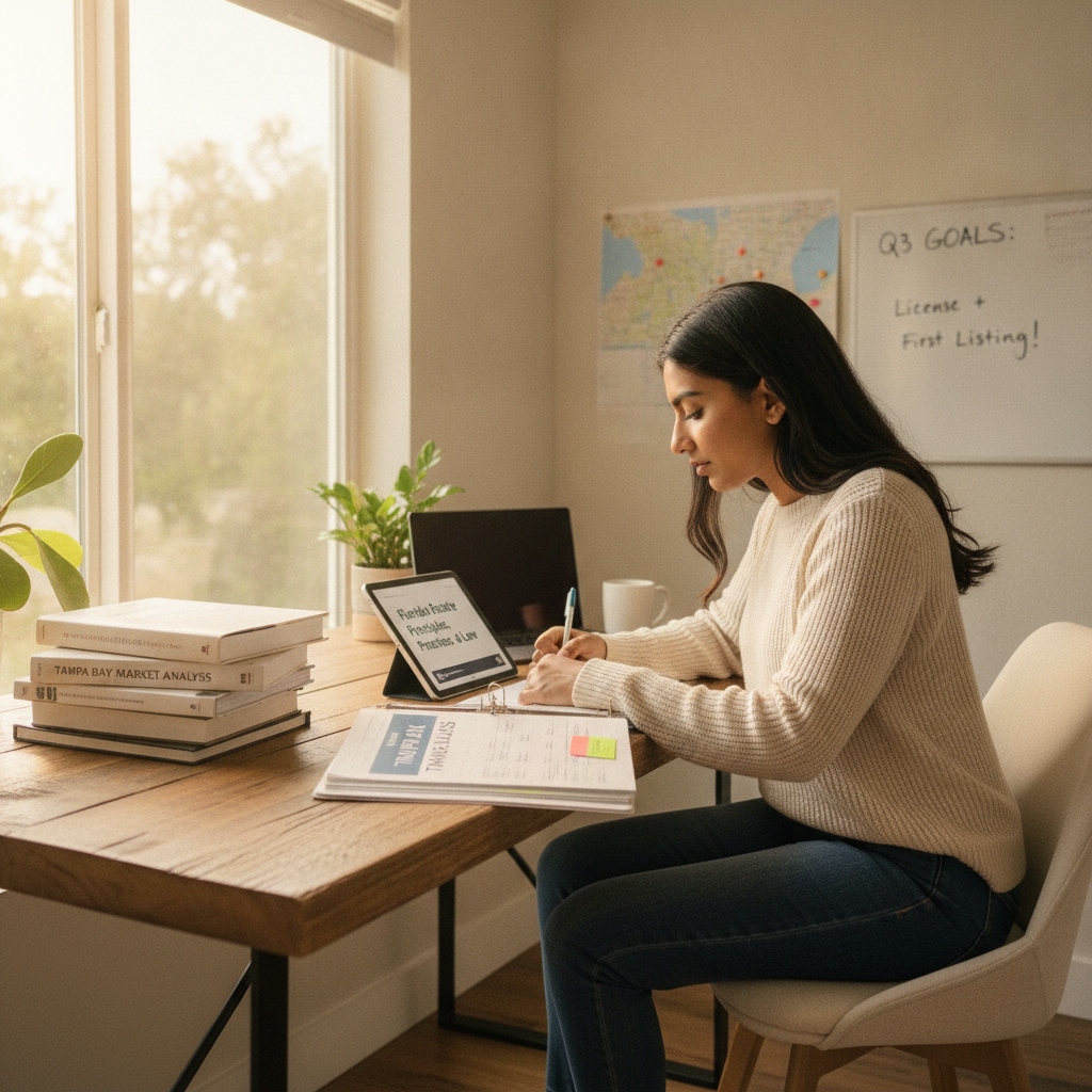 Aspiring real estate agent studying Florida licensing course materials for Tampa Bay market