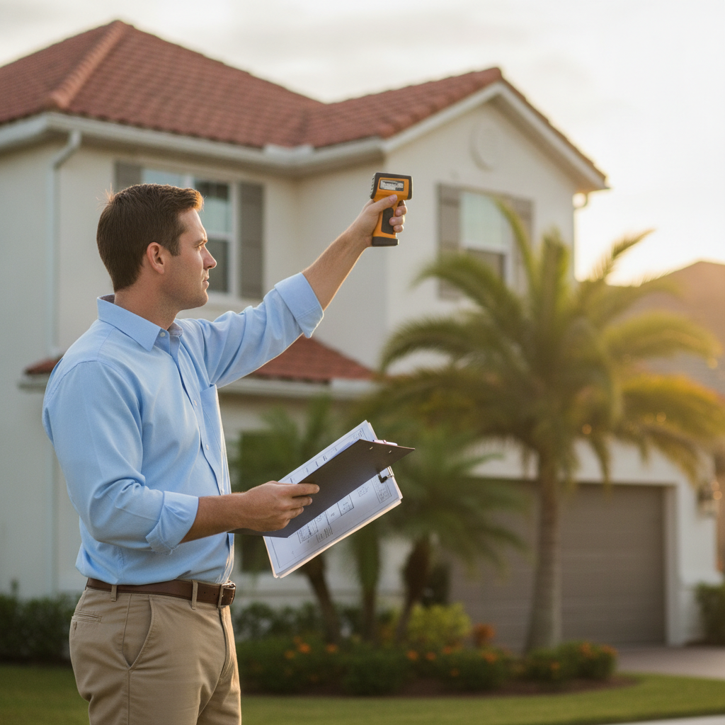 Tampa Bay appraiser measuring a home exterior with clipboard reviewing roof and elevation