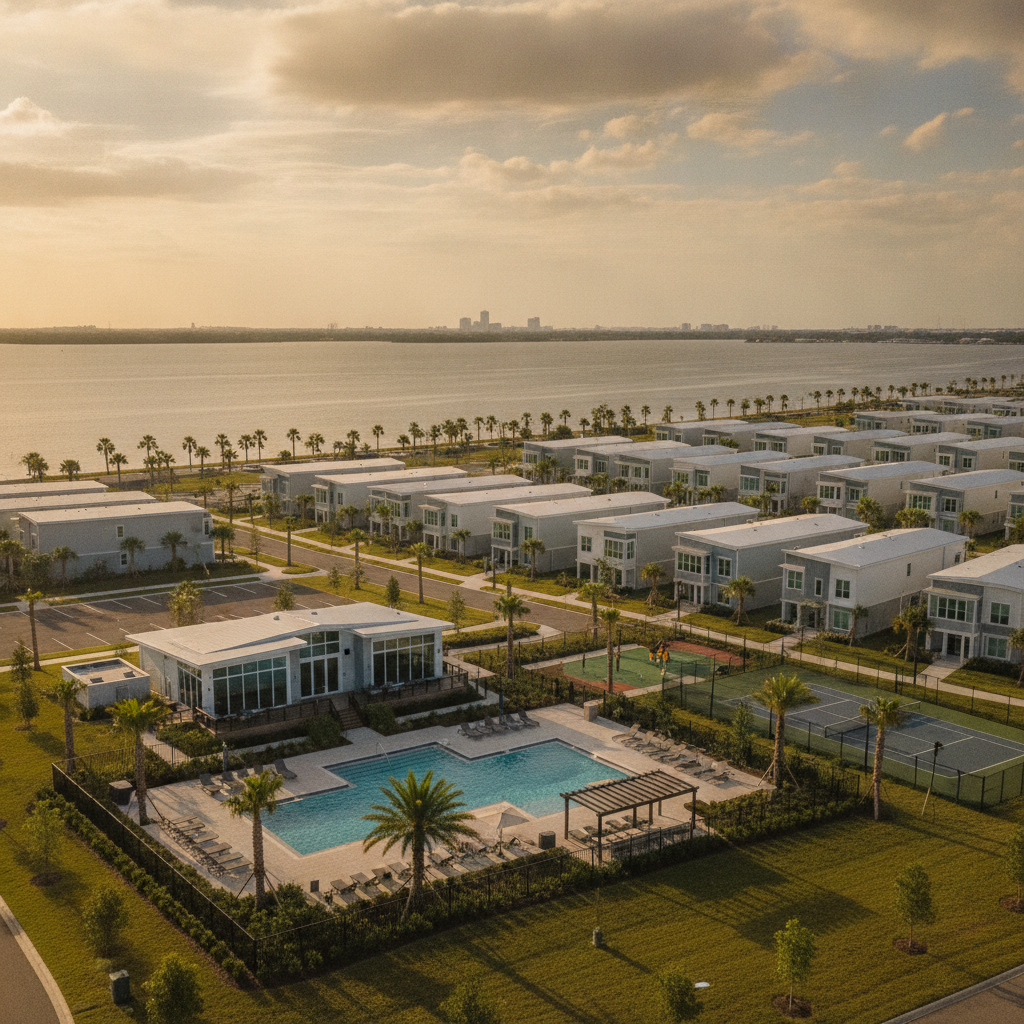 Modern manufactured home community in Tampa Bay with palm trees and amenities
