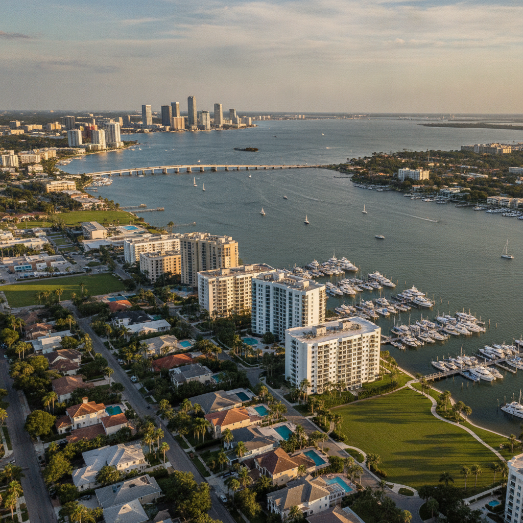 Aerial view of Tampa Bay waterfront neighborhoods showing mix of single-family homes, condos, and marina in 2026