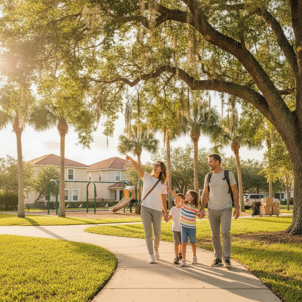 Family exploring a Tampa Bay neighborhood park while moving to Tampa Bay with kids