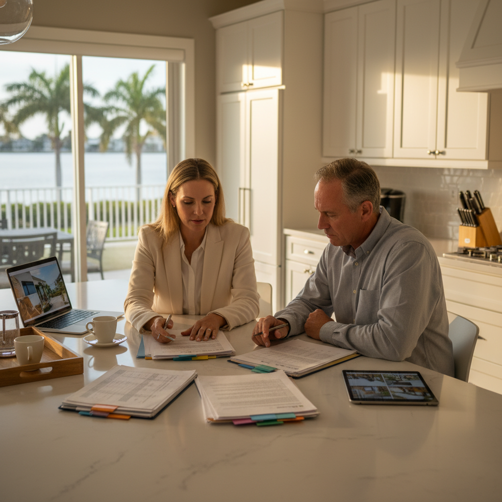 Tampa Bay seller reviewing multiple home offers with real estate agent at kitchen table