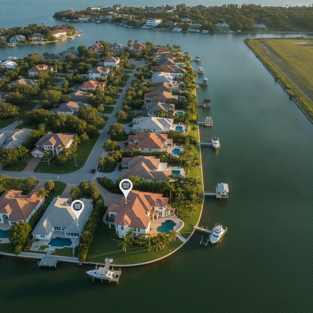 Palm Harbor Florida waterfront homes and neighborhood aerial view showing 2026 real estate market