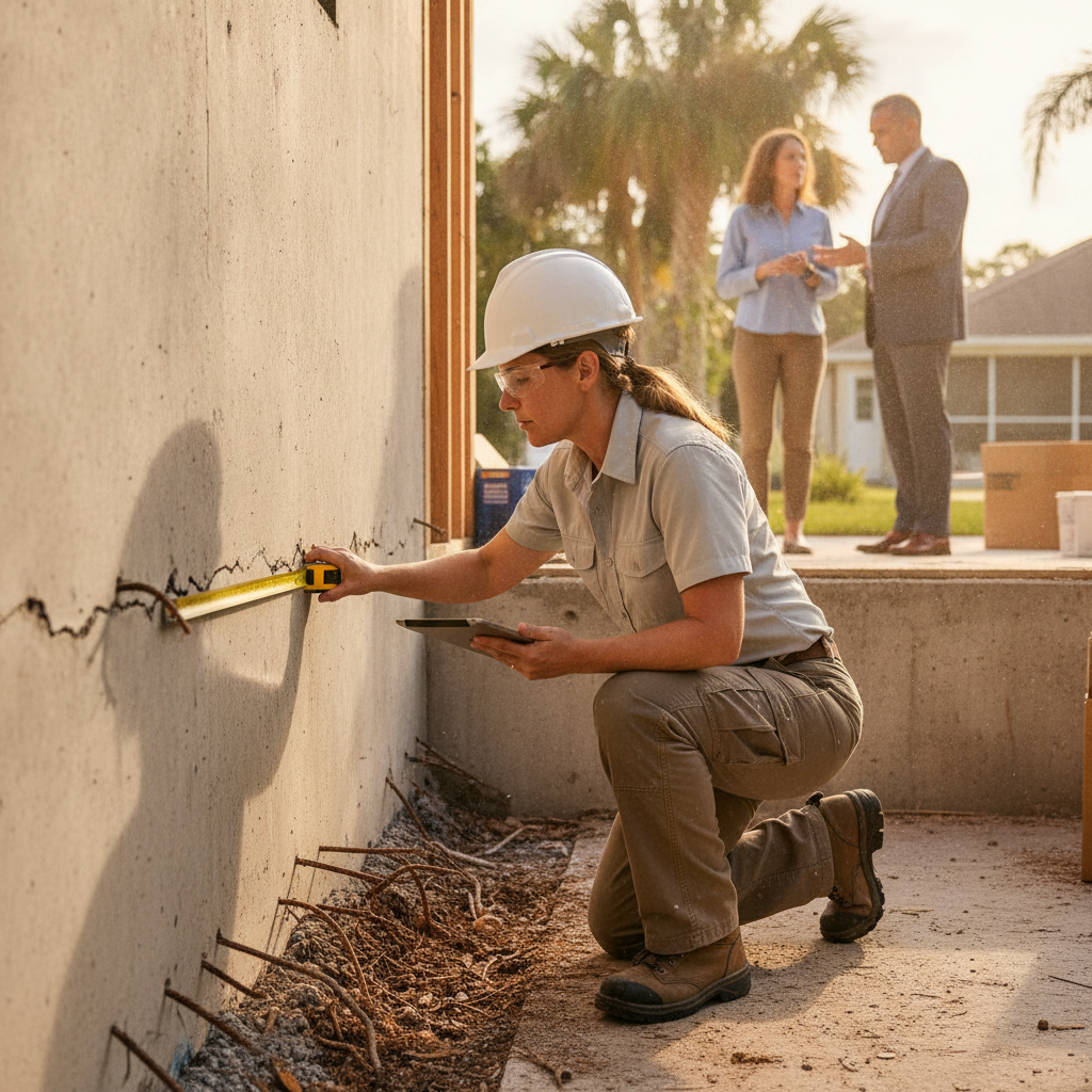 Structural engineer inspecting foundation cracks in a Tampa Bay home before listing