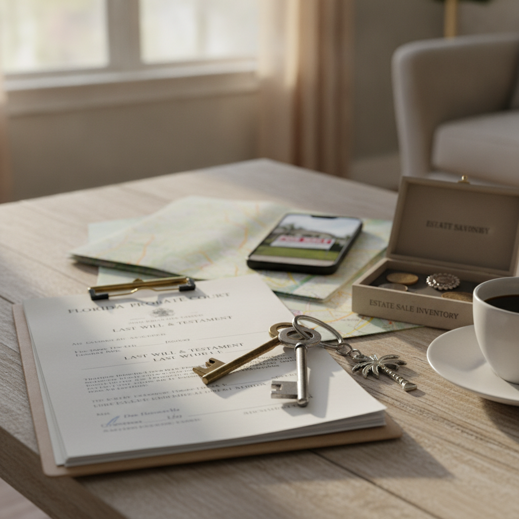 Florida probate documents and house keys representing selling inherited house Tampa Bay estate sale process