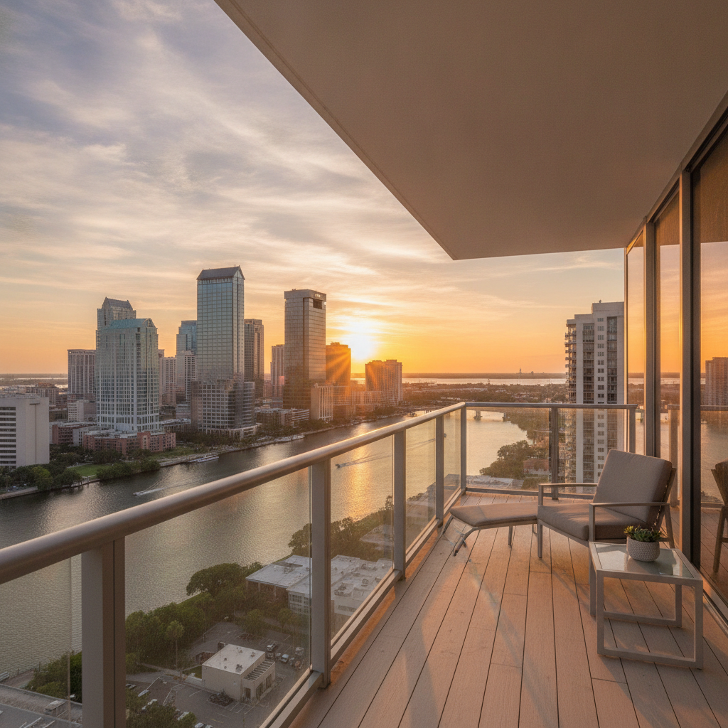 Skyline and river view from a Tampa Bay condo balcony at sunset