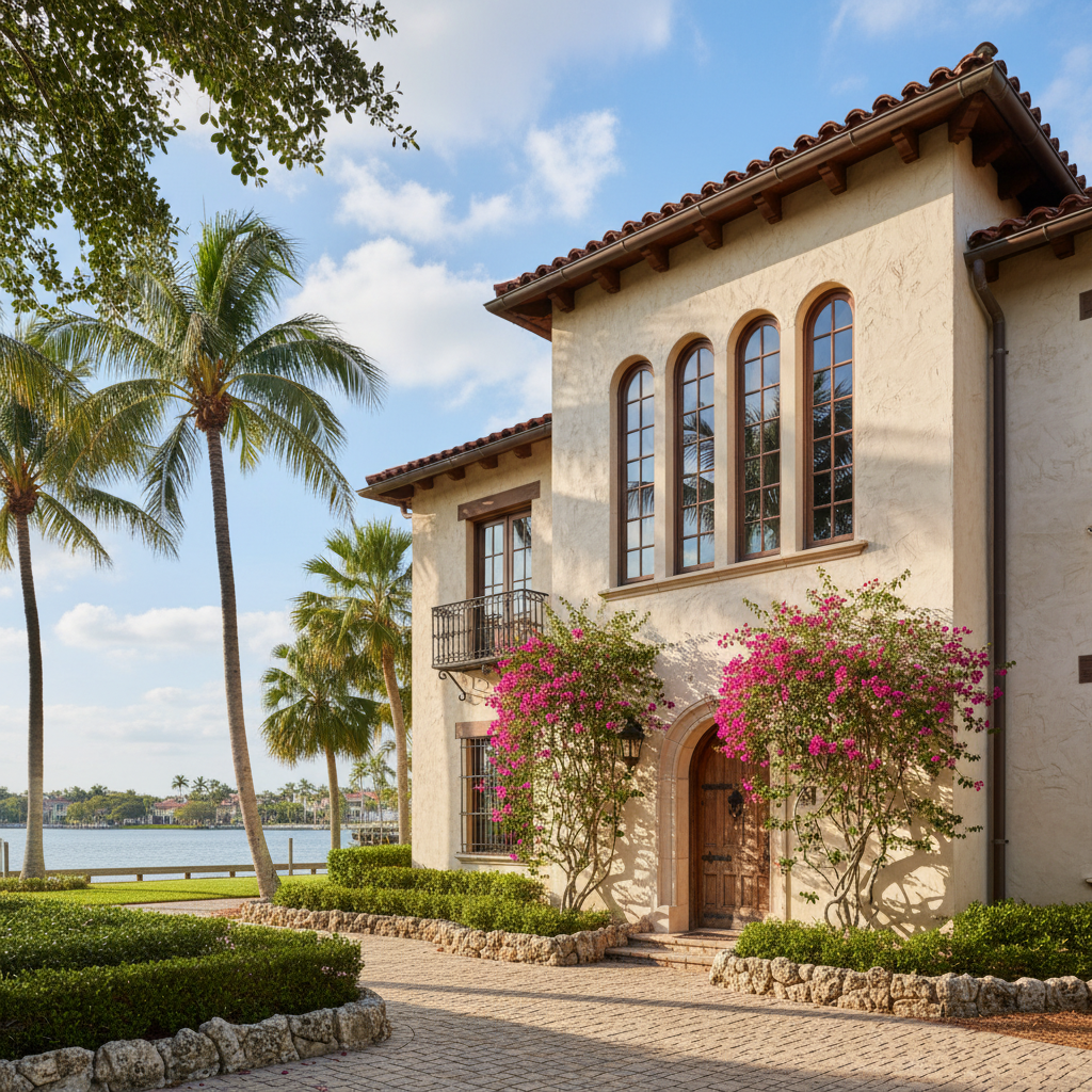 Mediterranean Revival historic home in Tampa Bay with barrel tile roof and arched windows