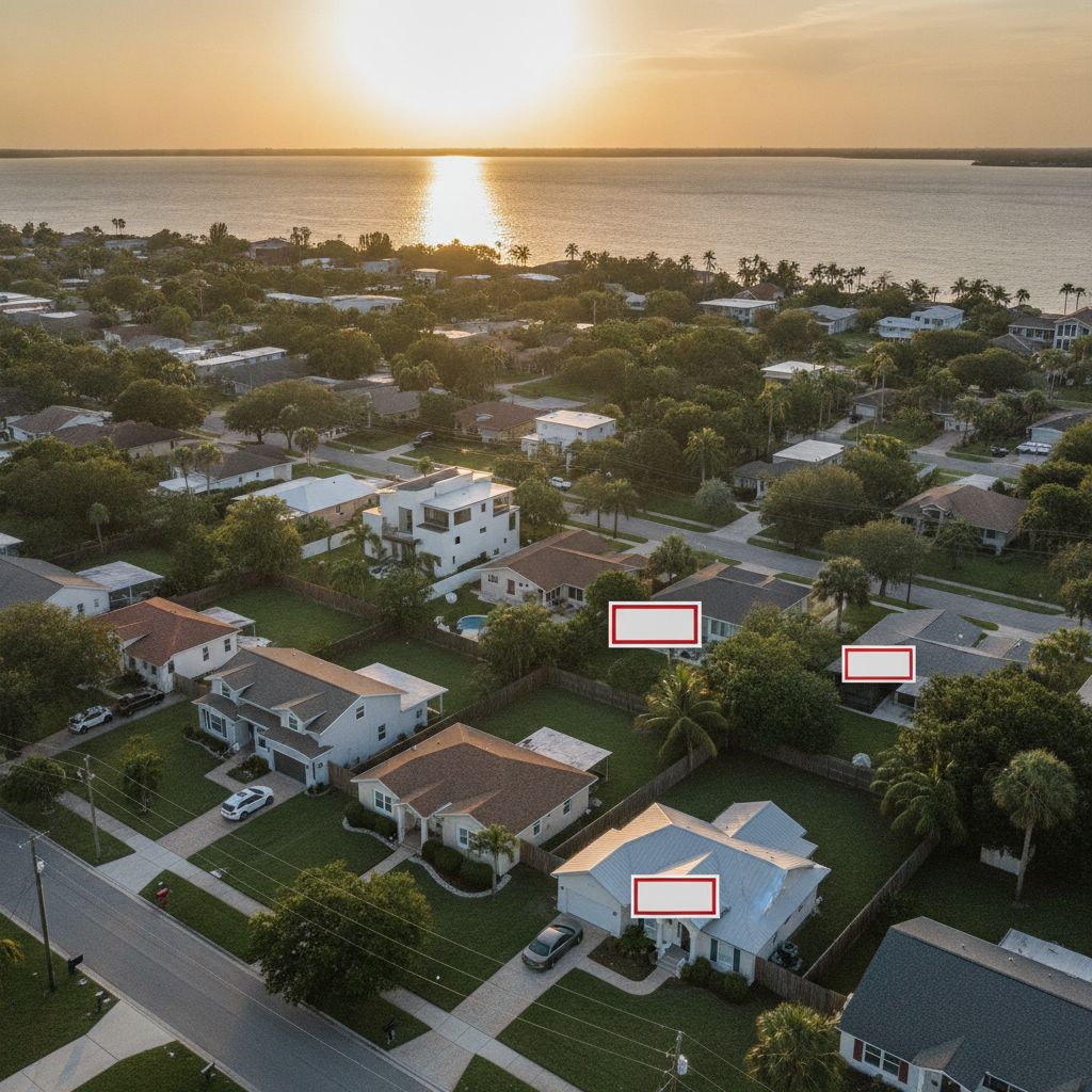 Aerial view of Tampa Bay neighborhood with houses for sale signs