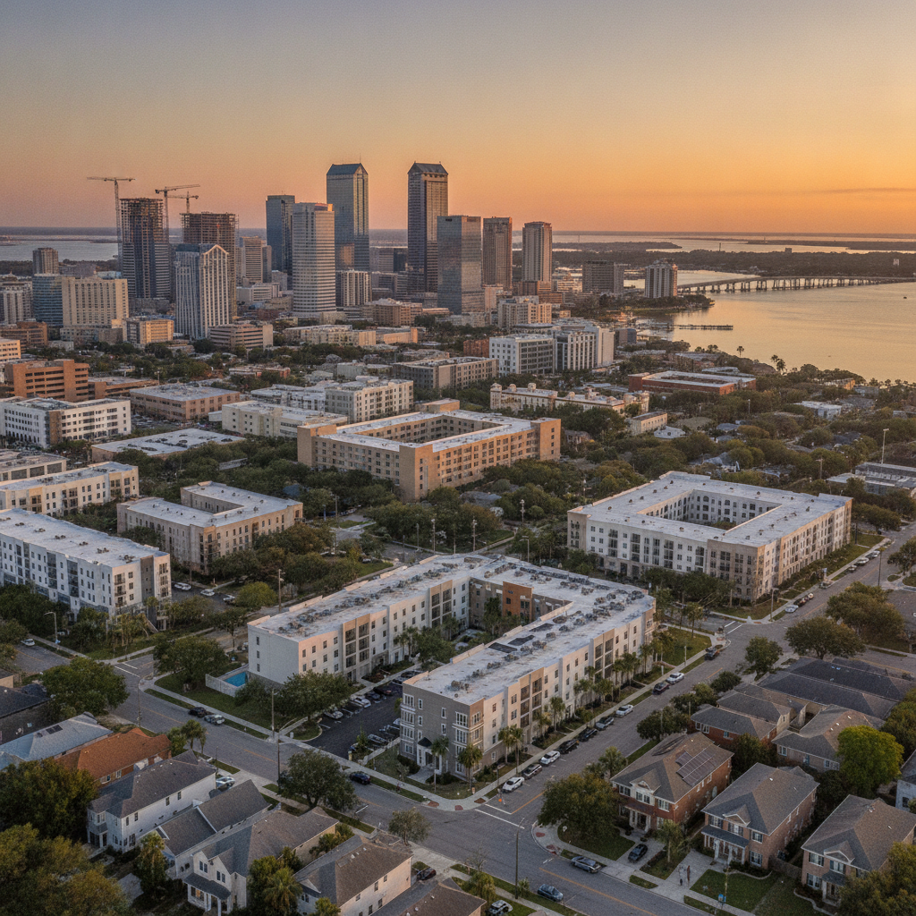 Tampa Bay skyline with residential neighborhoods representing the 2027 housing market forecast