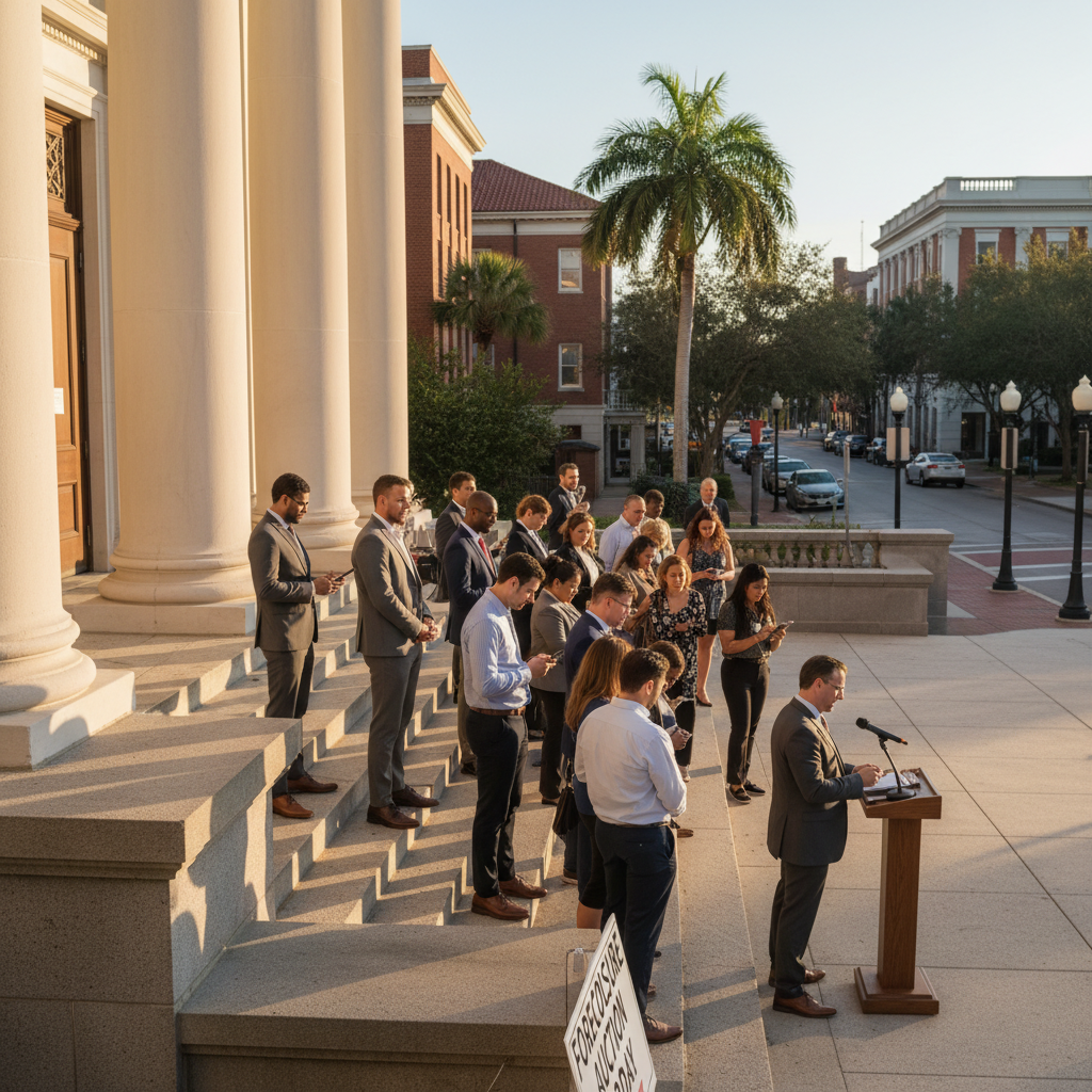 Tampa Bay foreclosure auction courthouse steps with bidders in Hillsborough County Florida