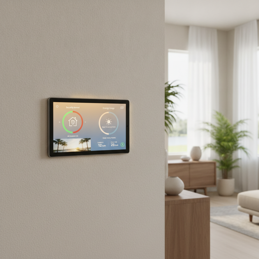 Smart home control panel displaying security and energy features in a Tampa Bay house