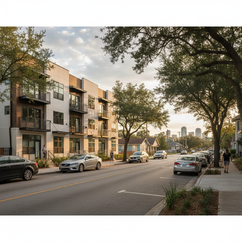 Modern no-HOA townhome in Seminole Heights Tampa Bay with urban streetscape and contemporary architecture