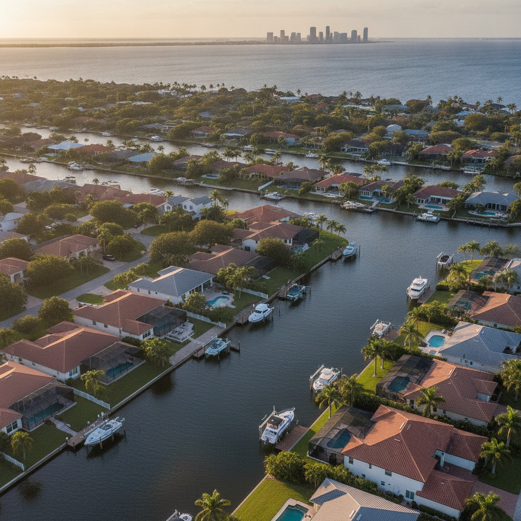 Aerial view of Tampa Bay canal-front homes and docks under $800k
