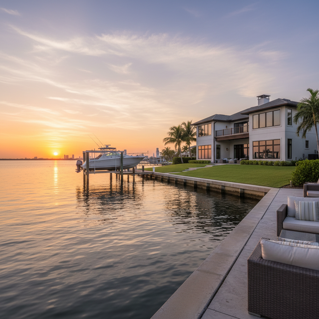 Tampa Bay waterfront home with private dock and boat lift at sunset