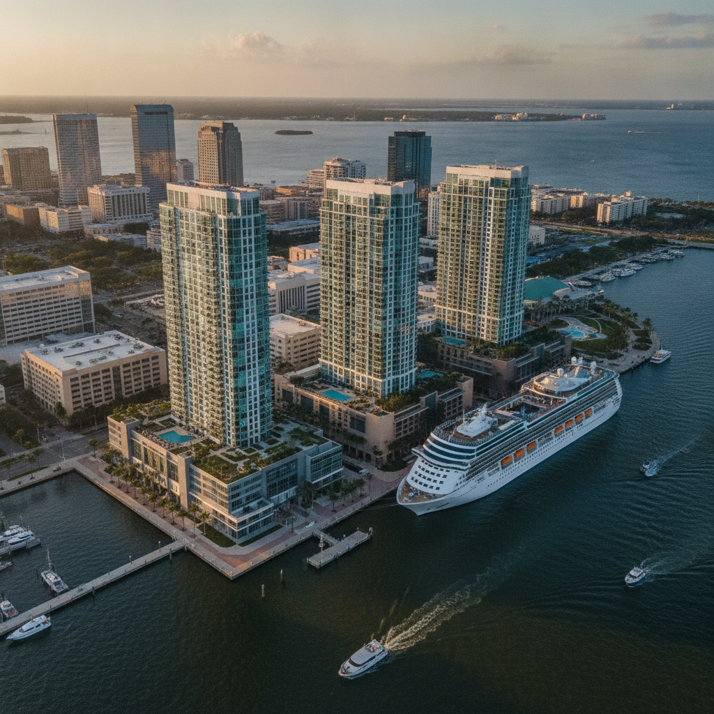 Aerial view of Tampa Channelside condo towers near the waterfront and cruise port