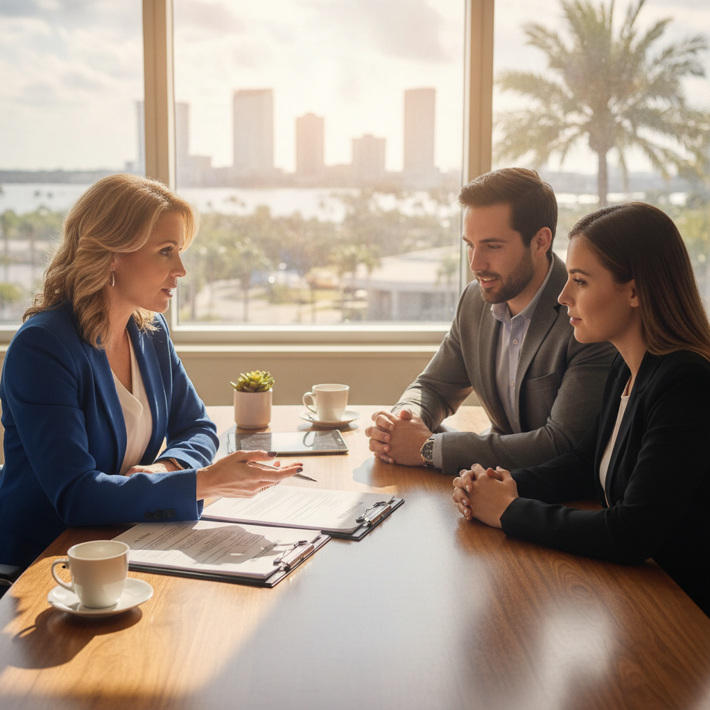 Florida real estate broker reviewing contracts with Tampa Bay clients at a desk