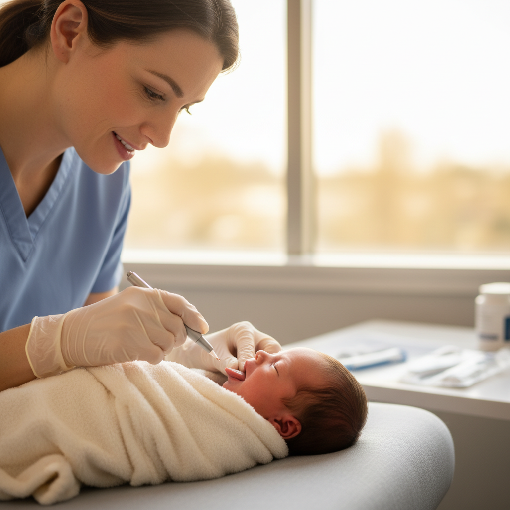 Lactation consultant assessing newborn tongue tie before revision procedure