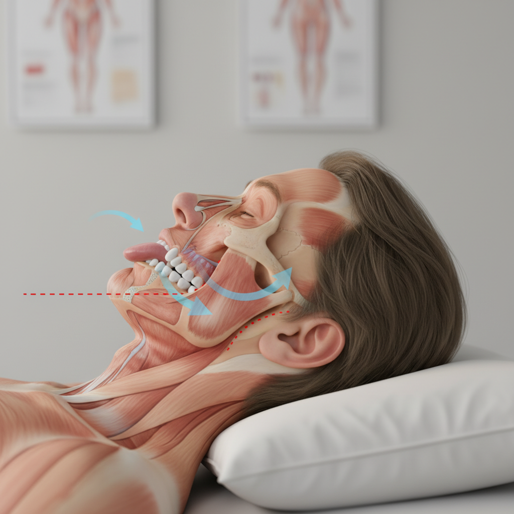 Diagram showing how tongue tie causes airway obstruction during sleep in adults with ankyloglossia