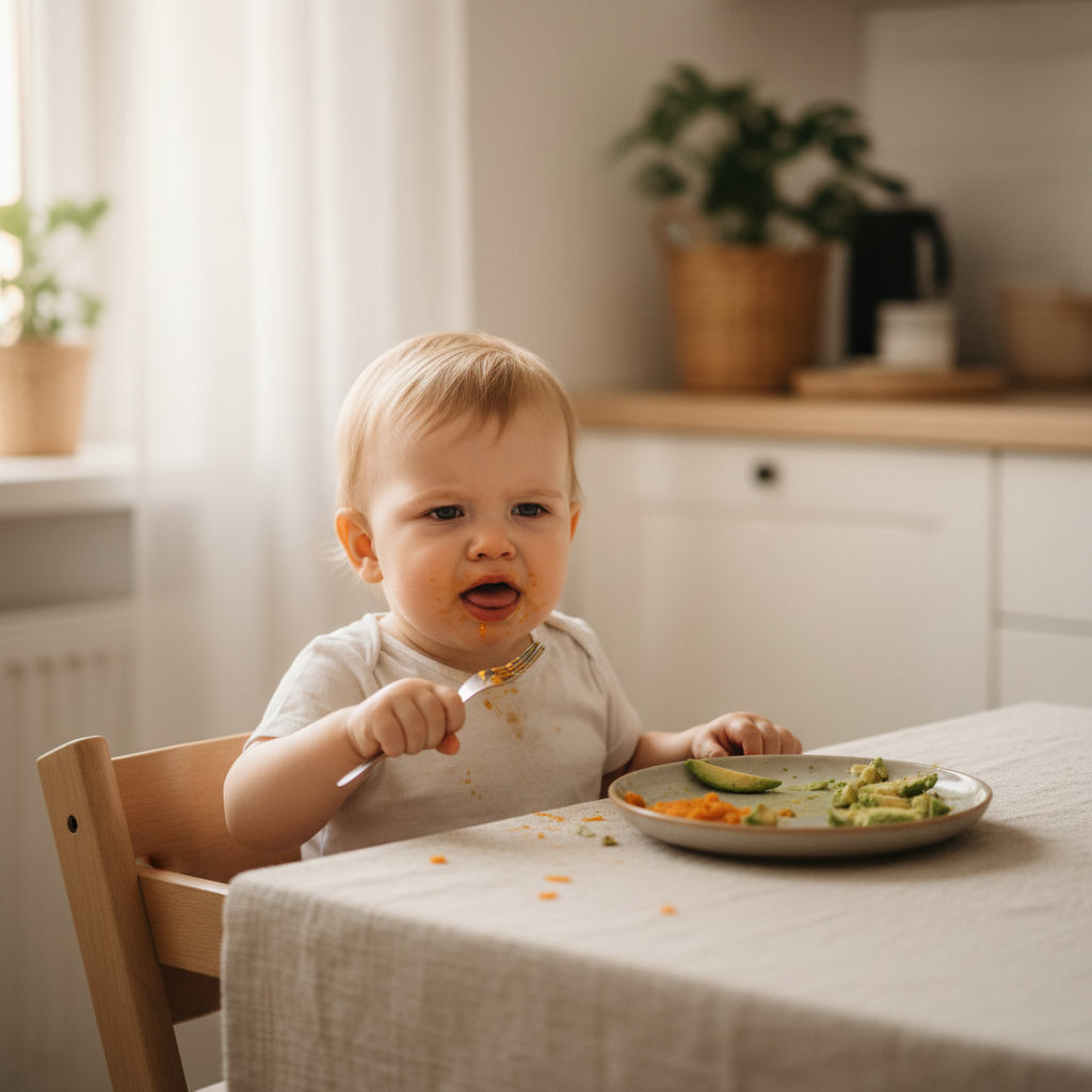 Toddler at mealtime struggling with solid foods due to tongue tie restriction