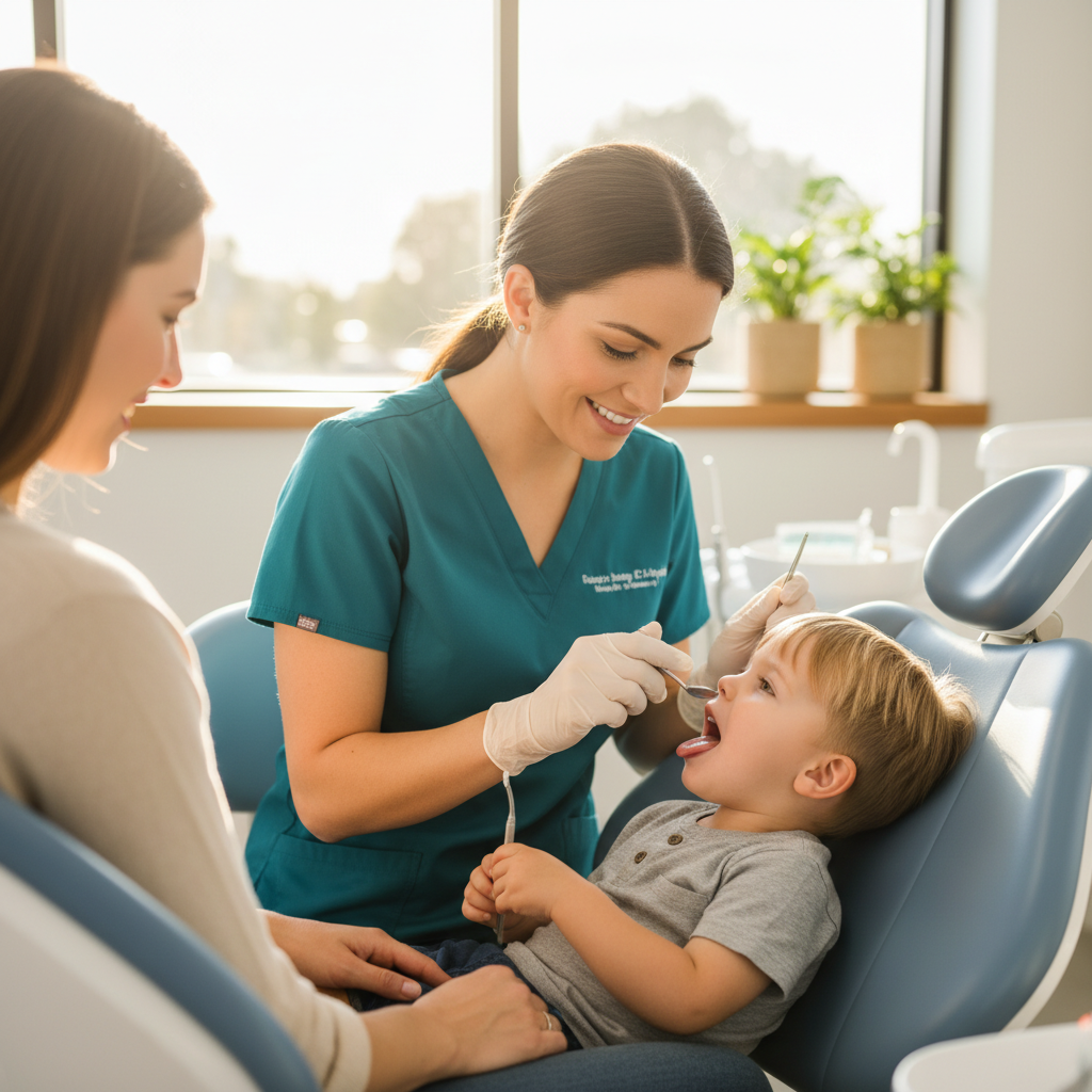 pediatric tongue tie evaluation in Lakeland dental office, child opening mouth for examination