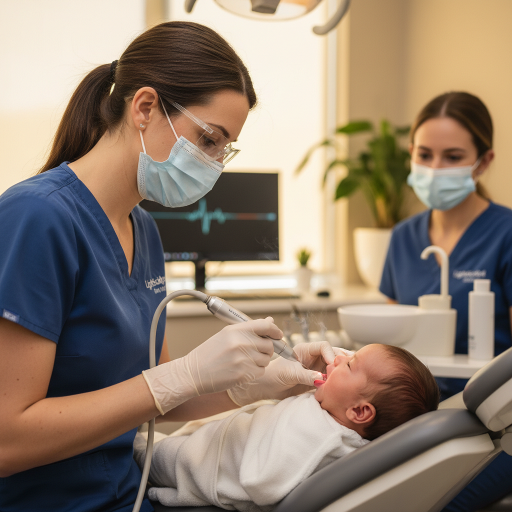 LightScalpel CO2 laser frenectomy procedure being performed on an infant at a dental clinic