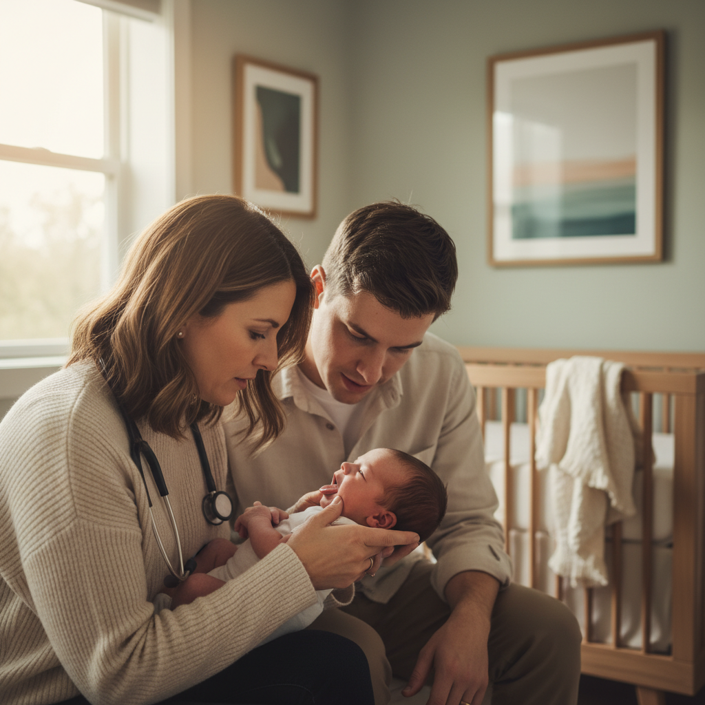 Lactation consultant and parent examining newborn infant for tongue tie diagnosis