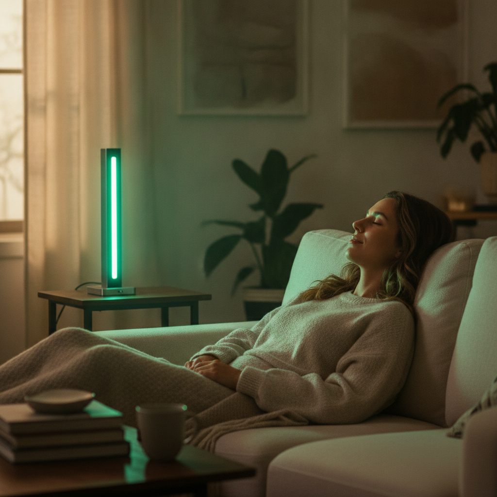 Person relaxing in a softly lit room using a narrow-band green light therapy lamp for migraine and photophobia relief