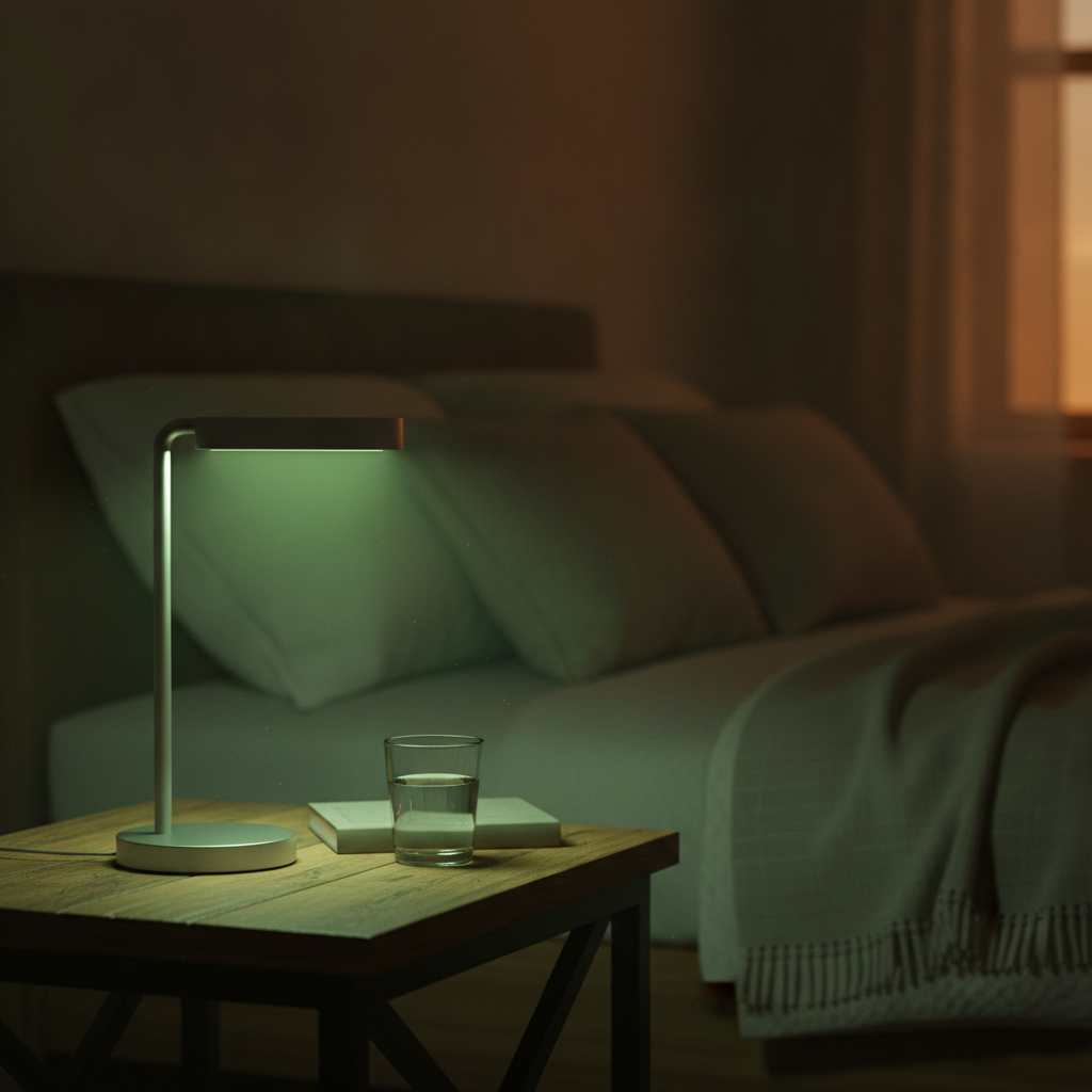 Narrowband green light therapy lamp emitting 525 nm wavelength in a dim bedroom for migraine relief