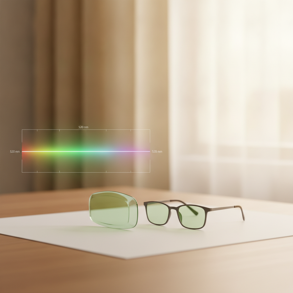 Visible light spectrum showing the narrow 520-535 nm green wavelength band used in migraine therapy