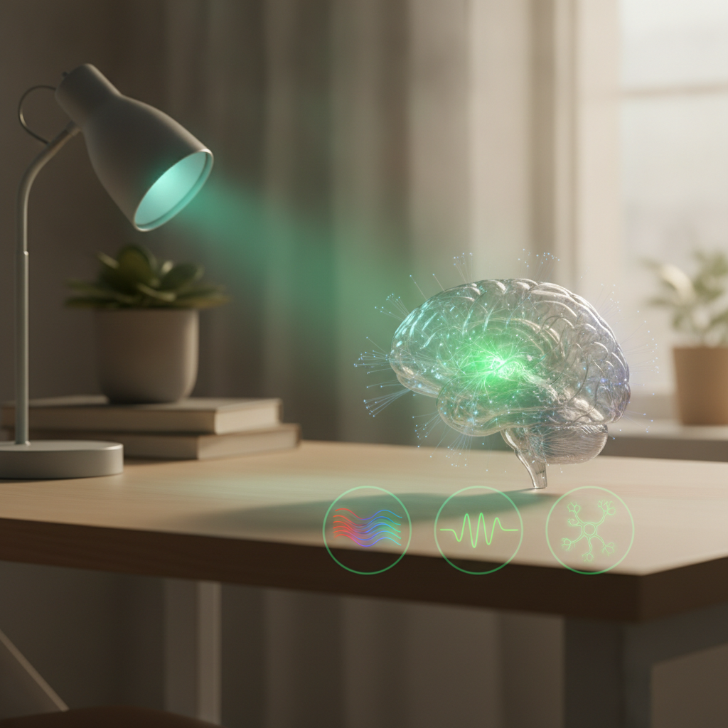 Diagram showing how green light therapy works for migraines by calming visual pathways in the brain