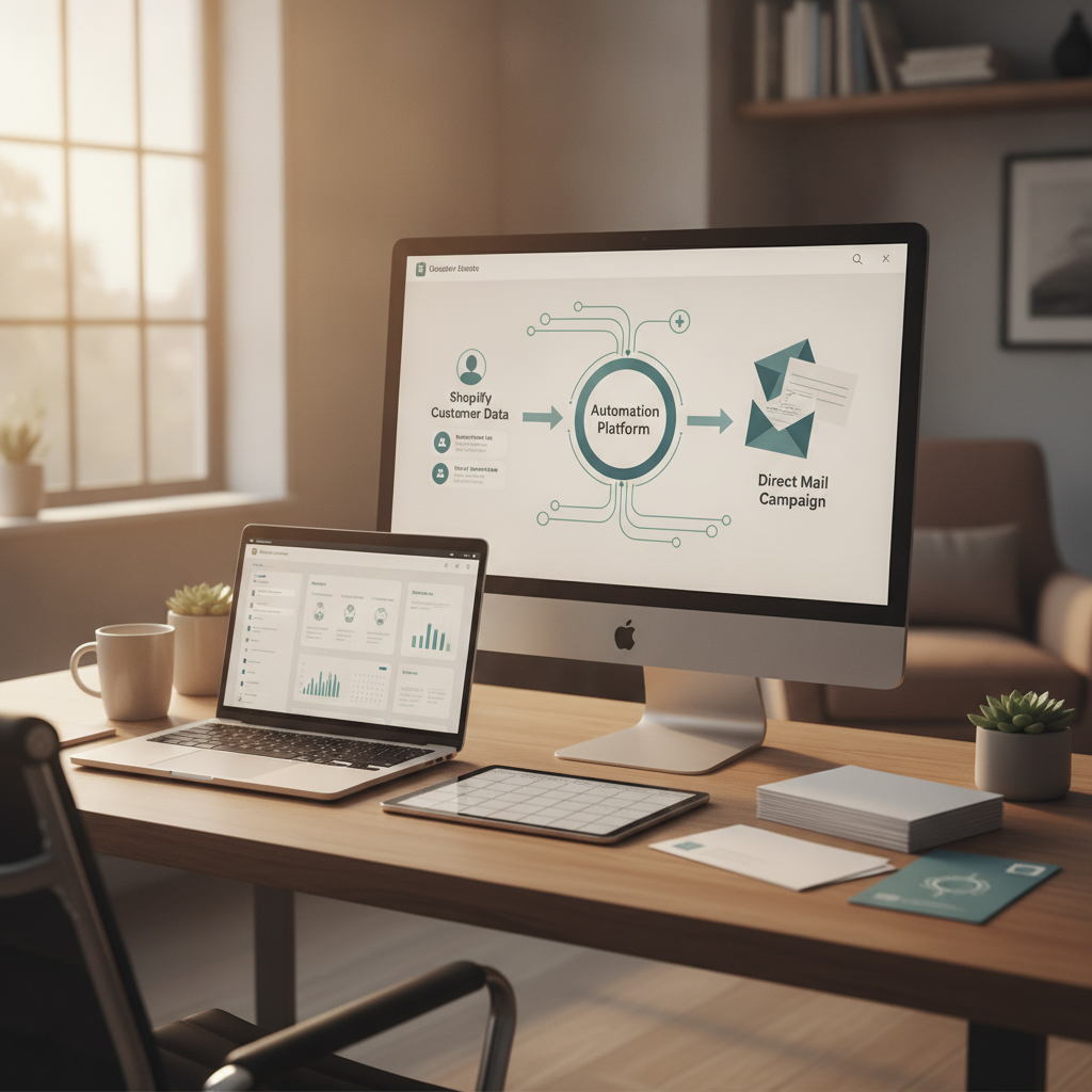Shopify customer data feeding into a marketing direct mail automation workflow