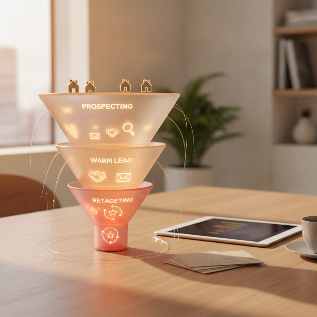 Funnel diagram showing programmatic direct mail for lead generation at prospecting, warm lead, and retargeting stages