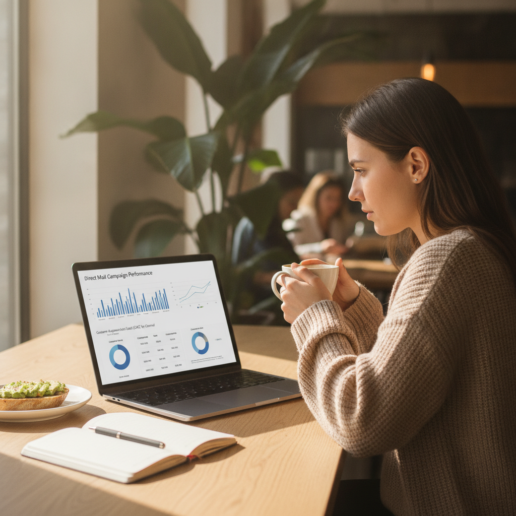 Shopify merchant reviewing direct mail app analytics dashboard on laptop