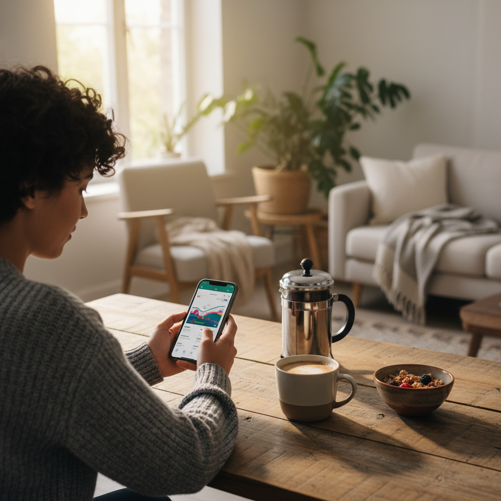 Person reading the best daily sports newsletter on smartphone with morning coffee