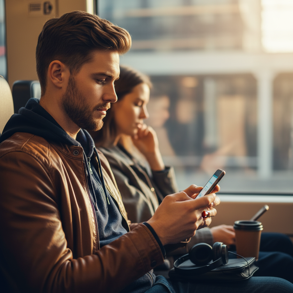 A focused sports fan reading a concise email newsletter on a smartphone during a morning commute