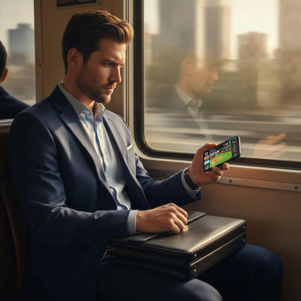 Busy professional checking sports news on smartphone during morning commute