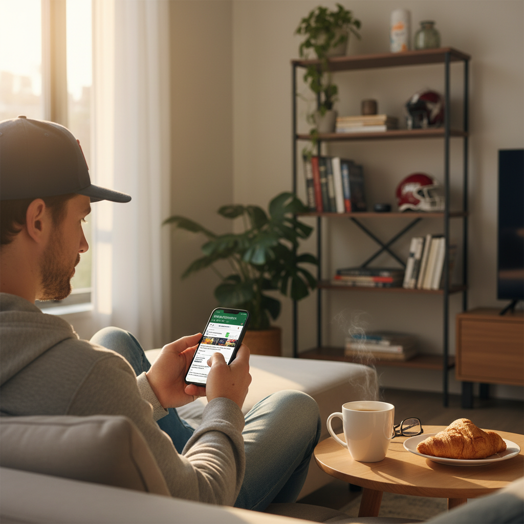 Busy sports fan reading a free sports newsletter subscription on a phone with morning coffee
