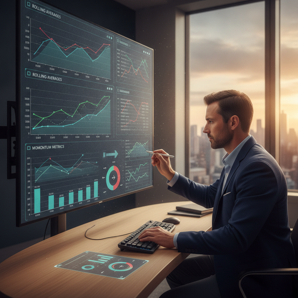 Sports analyst reviewing real-time trend dashboard with rolling averages and momentum metrics