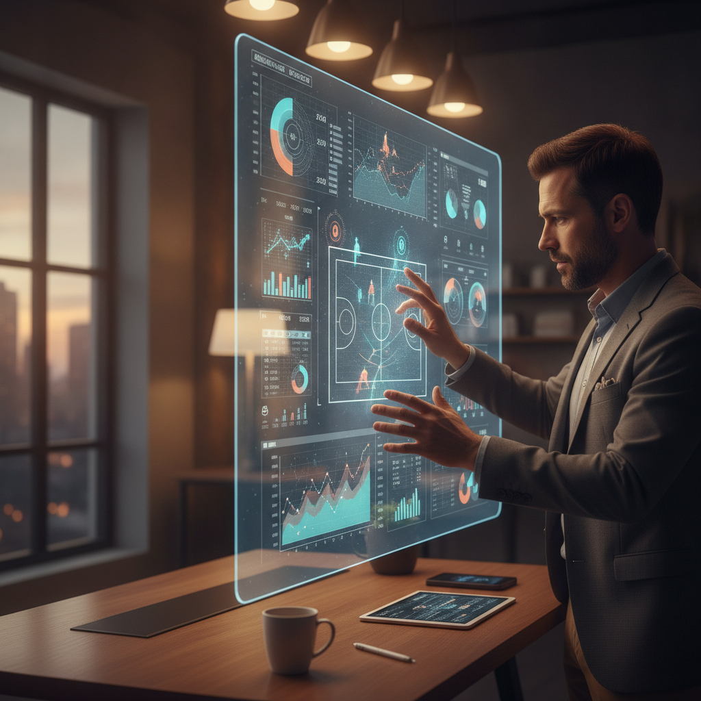 Sports analyst reviewing advanced analytics dashboard with player statistics and game data