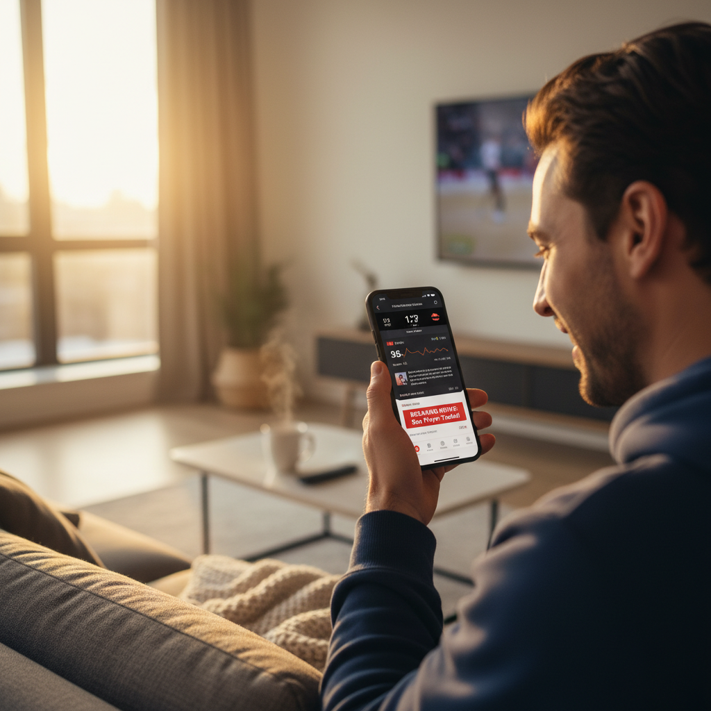 Sports fan checking real-time scores and breaking news alerts on a smartphone app