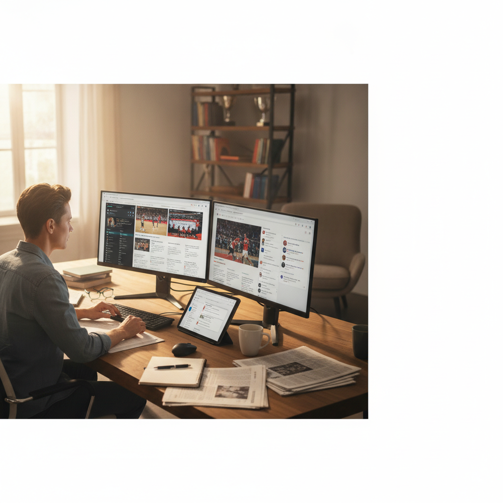 Sports journalist analyzing multiple news sources side by side on a desk