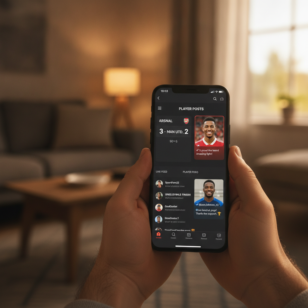 Smartphone displaying a live sports feed with real-time scores, social reactions, and athlete posts showing the impact of social media on sports journalism