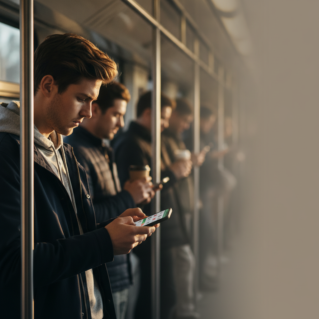 Busy fan checking a quick sports update service on smartphone during morning commute