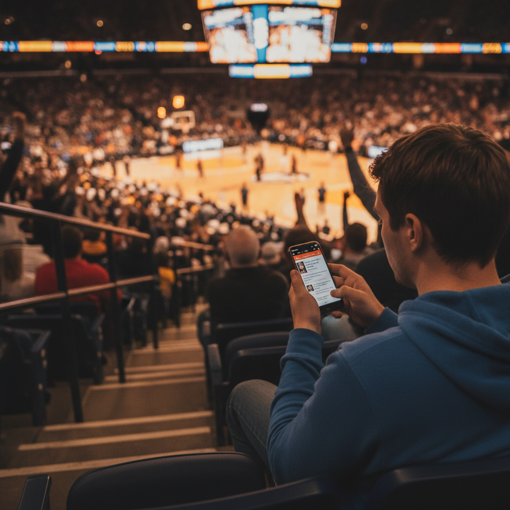 Sports fan checking a news app on smartphone during a live game