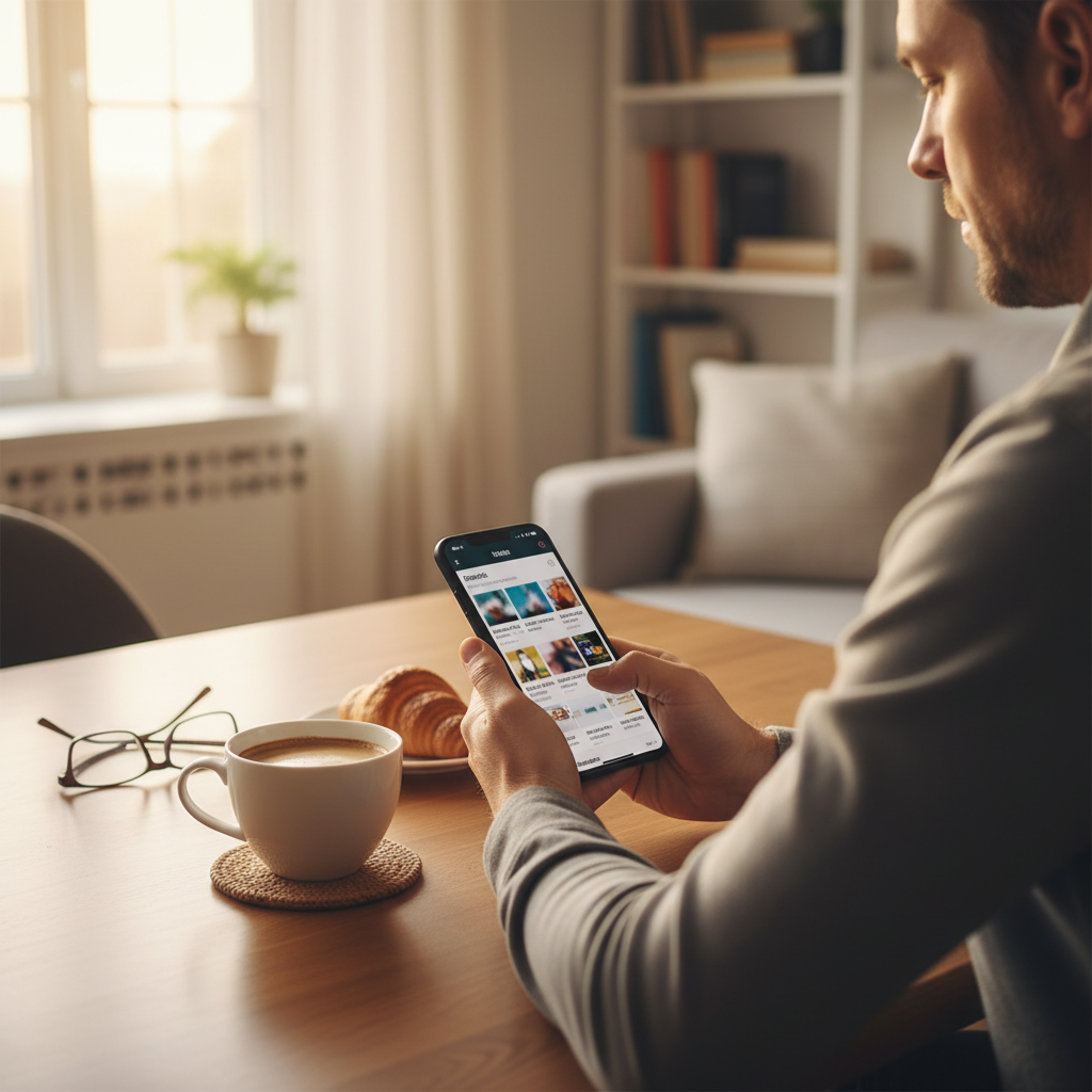 Sports fan checking quick sports news headlines on smartphone during morning coffee