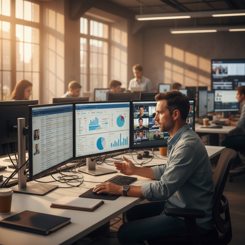 Sports journalist reviewing wire service reports and data-driven sports news on multiple screens in a newsroom