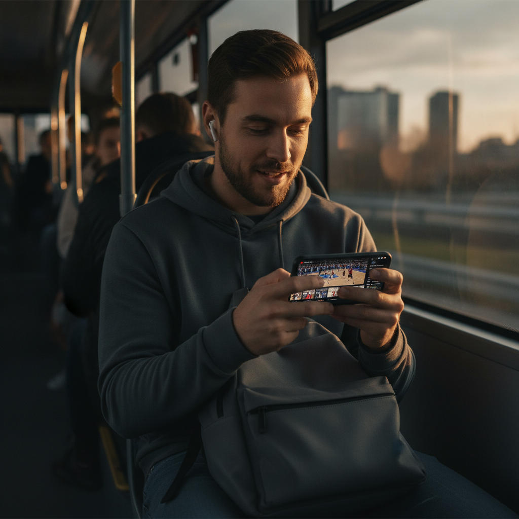 Modern sports fan watching short-form highlight clips on mobile phone while commuting