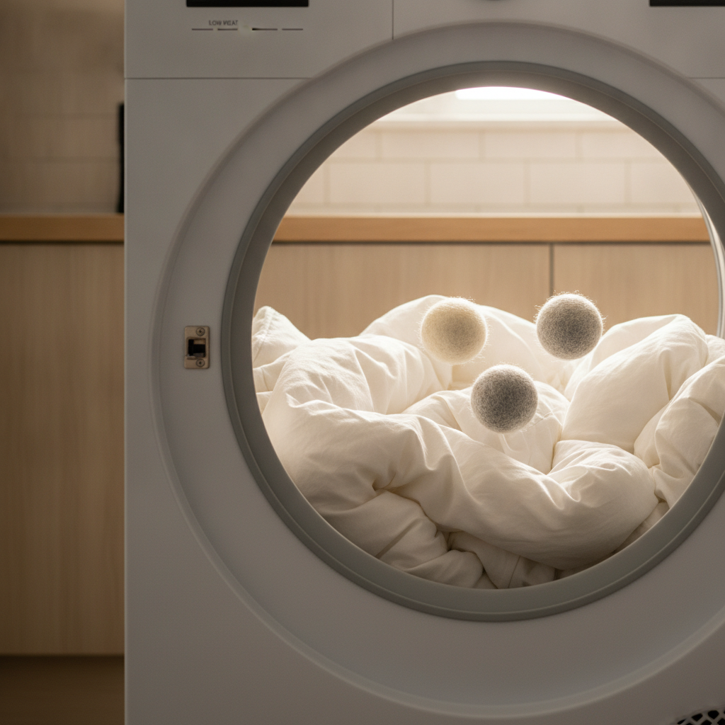 Wool dryer balls tumbling with a white duvet in a large-capacity dryer on low heat