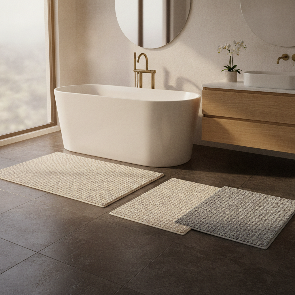 Luxury bath mat duo absorbent set placed beside a soaking tub and vanity